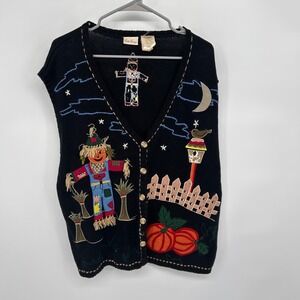 Bobbie Brooks Scarecrow Pumpkin Fall Autumn Vest Women 18W 20W Black